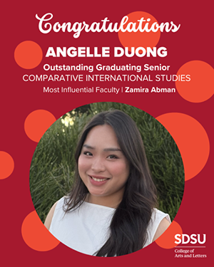 Congratulations Angelle Duong. Smiling woman with long dark hair
